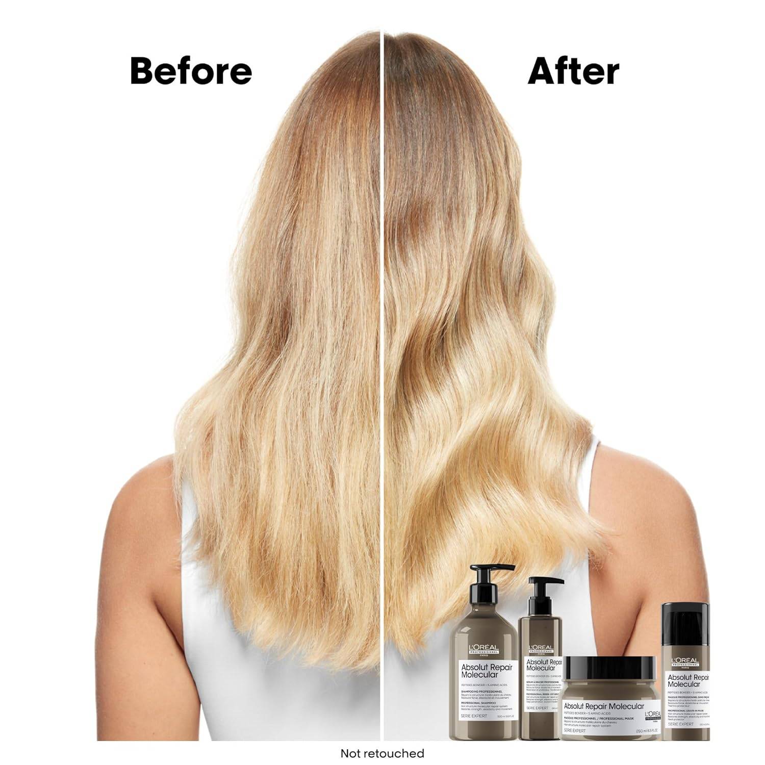 L'Oréal Absolut Repair Molecular: Hair Repair Before & After. Products for damaged hair shown.