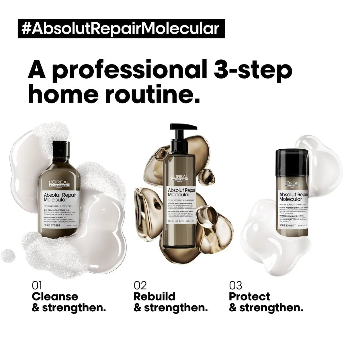 L'Oreal Absolut Repair Molecular: 3-Step Hair Care Routine for Damaged Hair - Shampoo, Serum, Leave-in Treatment