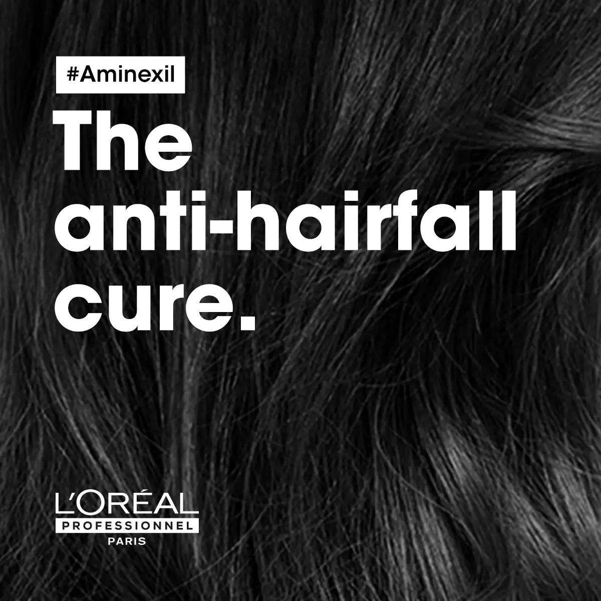 Advertisement for L’Oréal’s Aminexil anti-hairfall product, featuring aminexil advanced ampoules