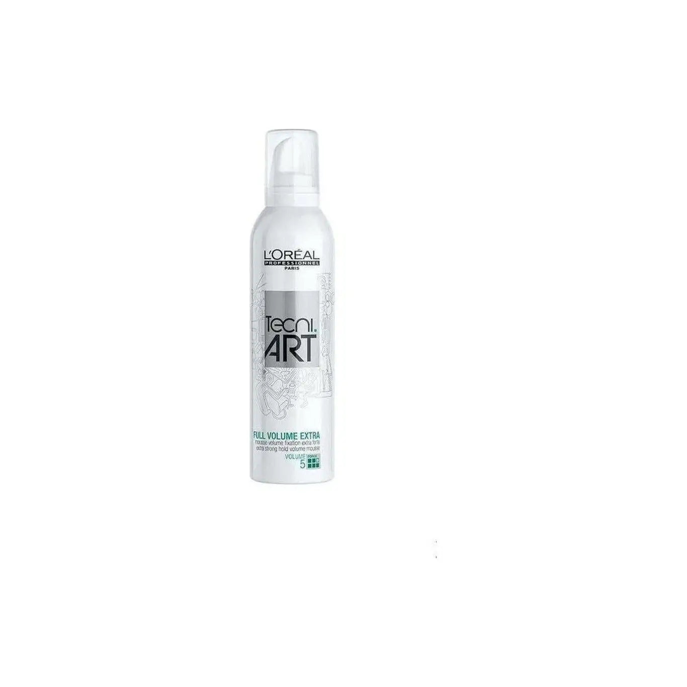White aerosol can of L’Oreal Tecni Art Full Volume Extra hair styling by L’Oréal Professionnel