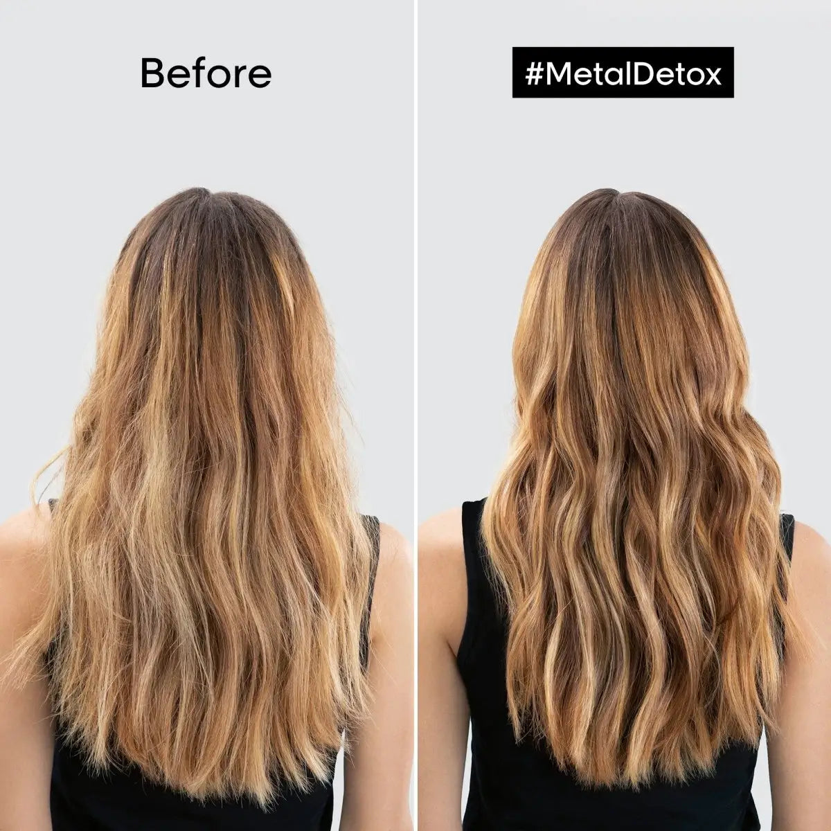 L'Oréal Metal Detox Before & After: See the shine! Hair detox transformation. Smooth, healthy results.