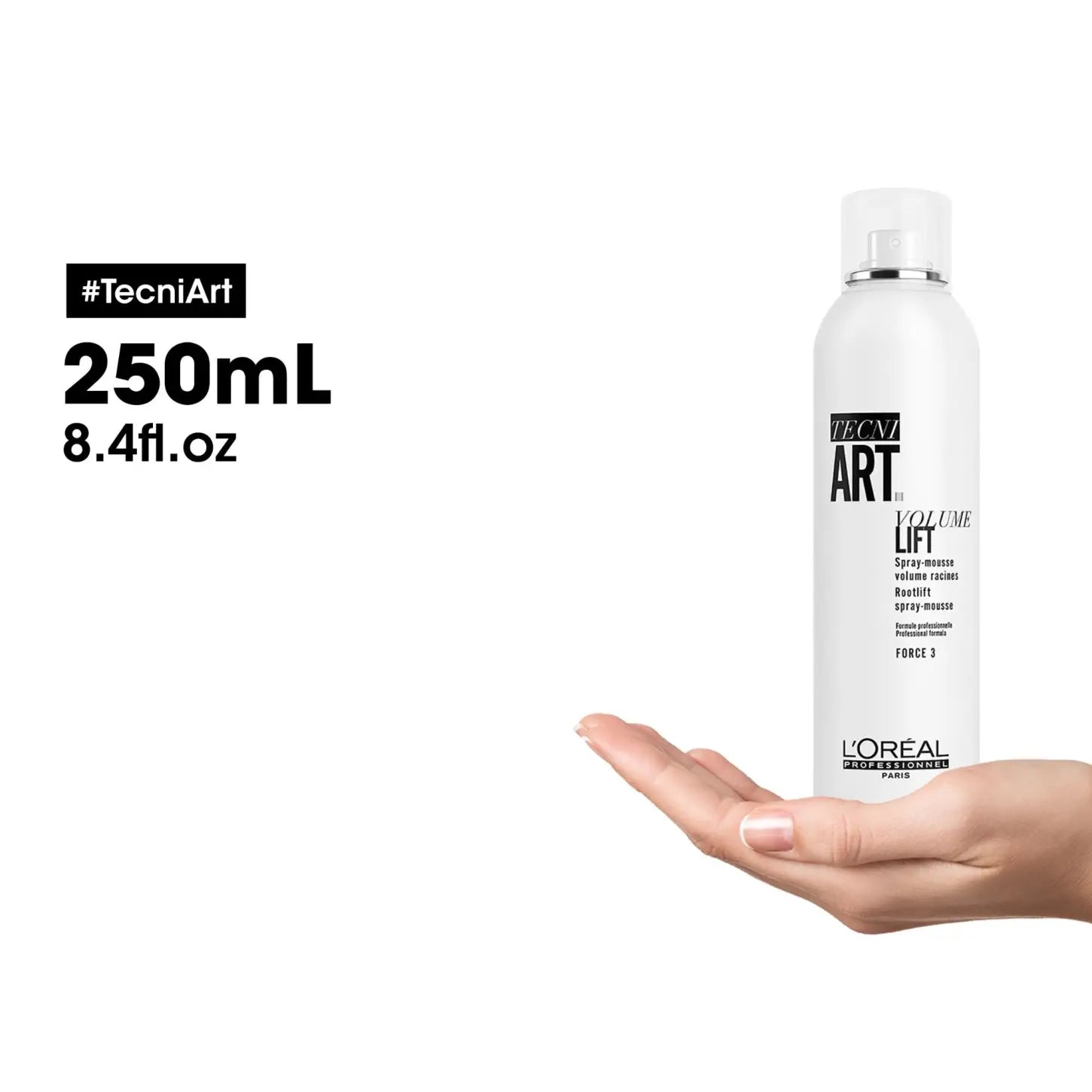 L'Oreal Tecni Art Volume Lift: Hair Volume & Root Lift Spray. 250ml size, #TecniArt. Professional hair styling product.