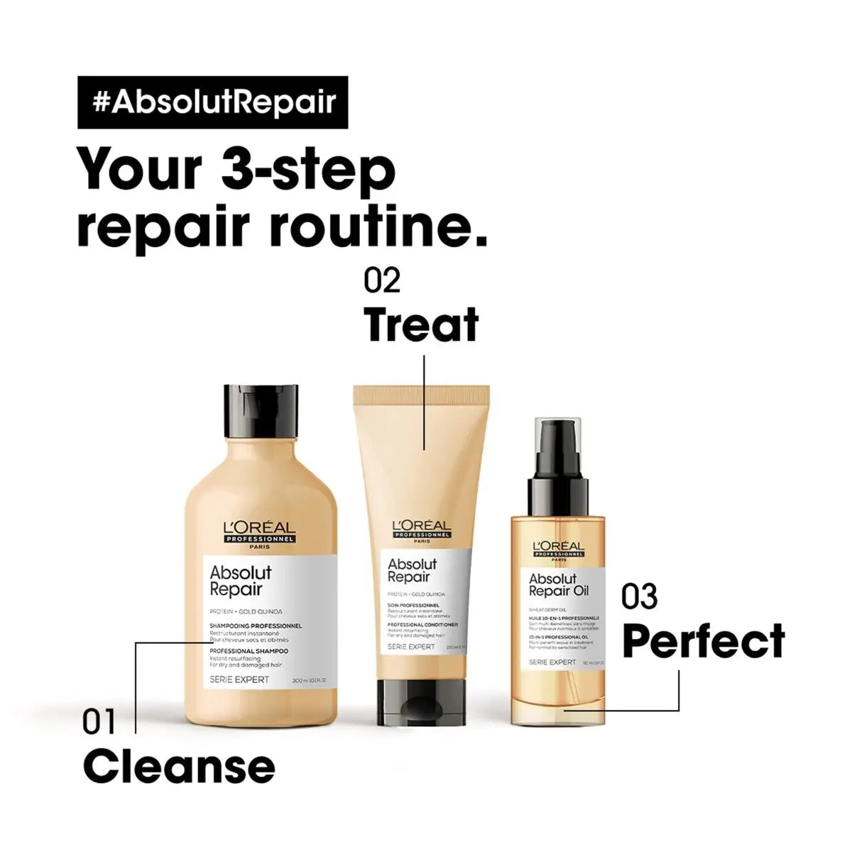 L'Oreal Absolut Repair 3-Step Hair Routine: Shampoo, Conditioner & Oil for Damaged Hair. Get professional repair at home!