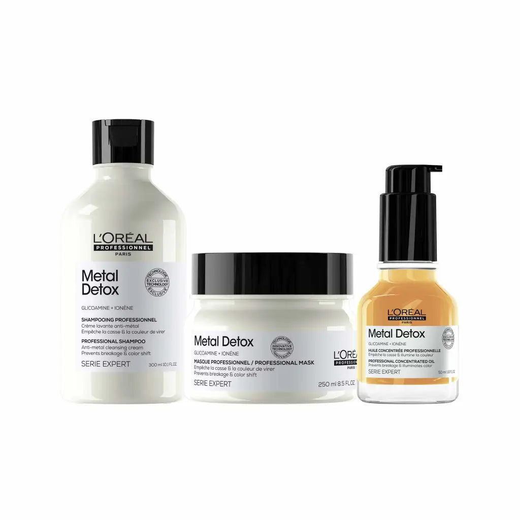 Set of L’Oréal Metal Detox hair care products including shampoo, conditioner, and serum.