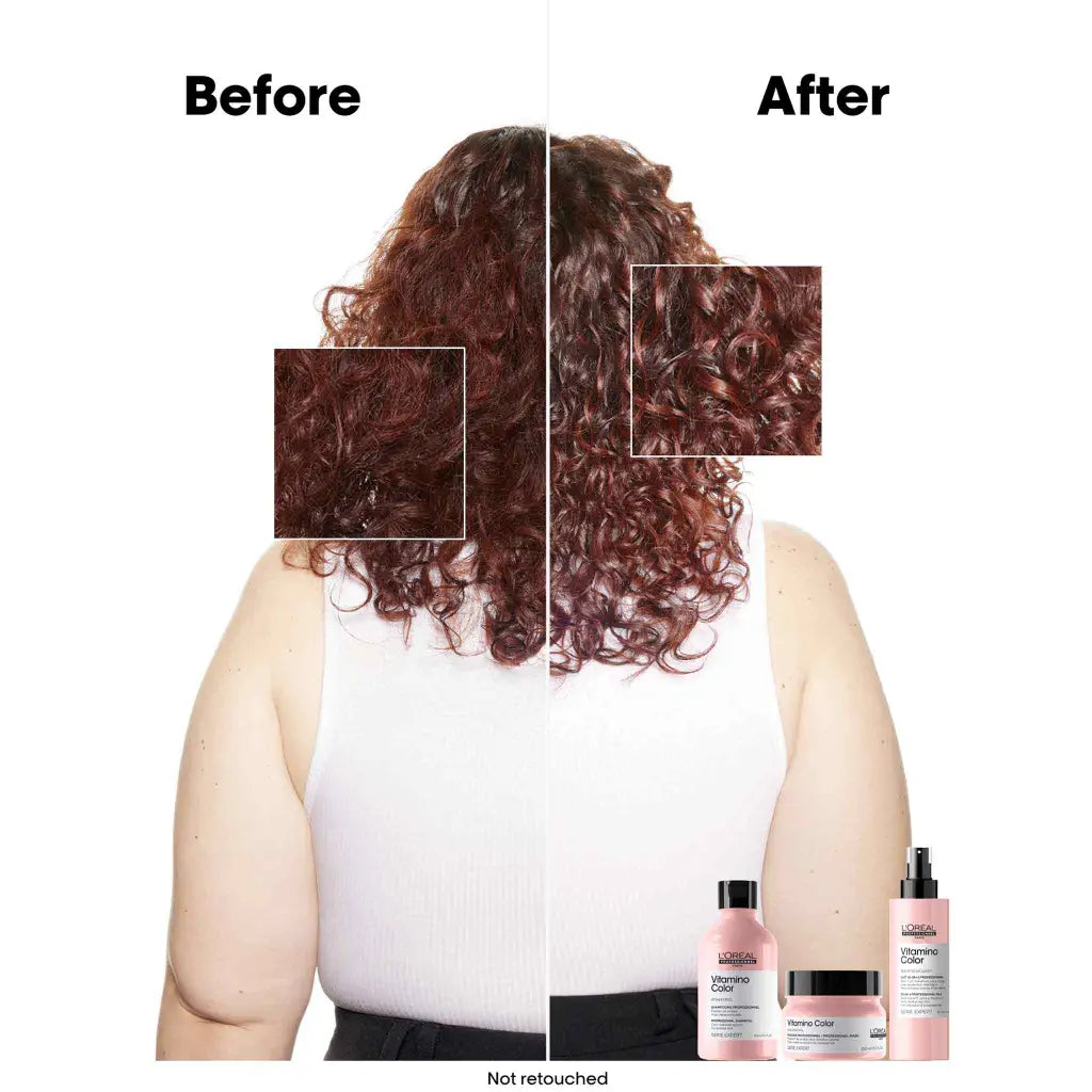 Curly-haired person shown from behind, with a before-and-after comparison of hair texture and product bottles displayed.