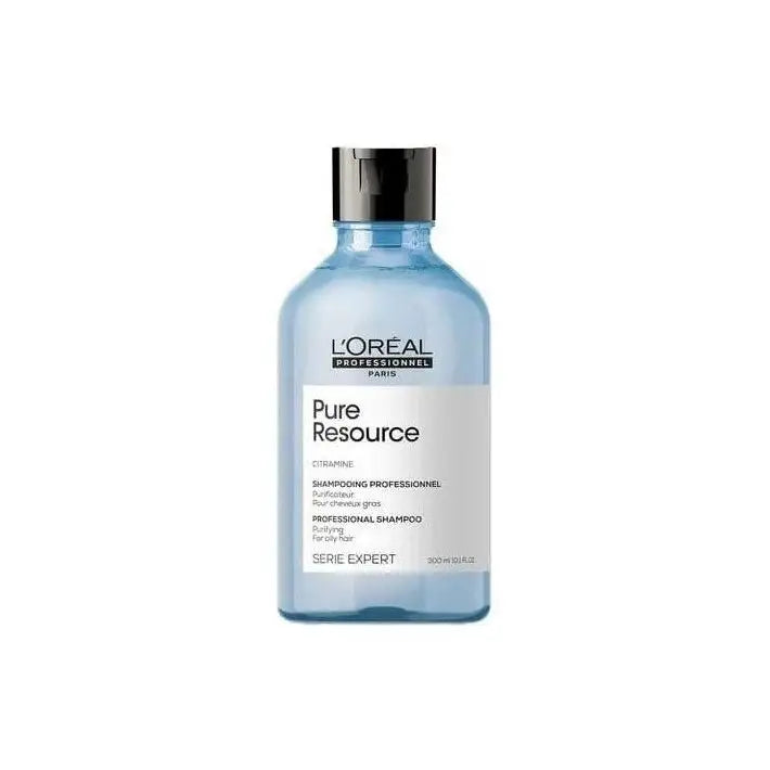 Blue bottle of L’Oreal Pure Resource Shampoo for product build-up removal