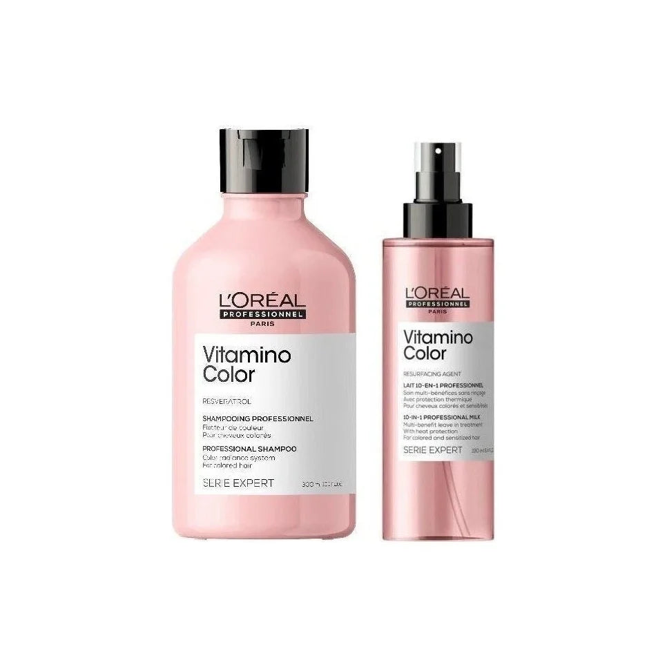 L'Oreal Vitamino Color Shampoo & 10-in-1 Hair Spray Bundle - Color-Treated Hair Heat Protection