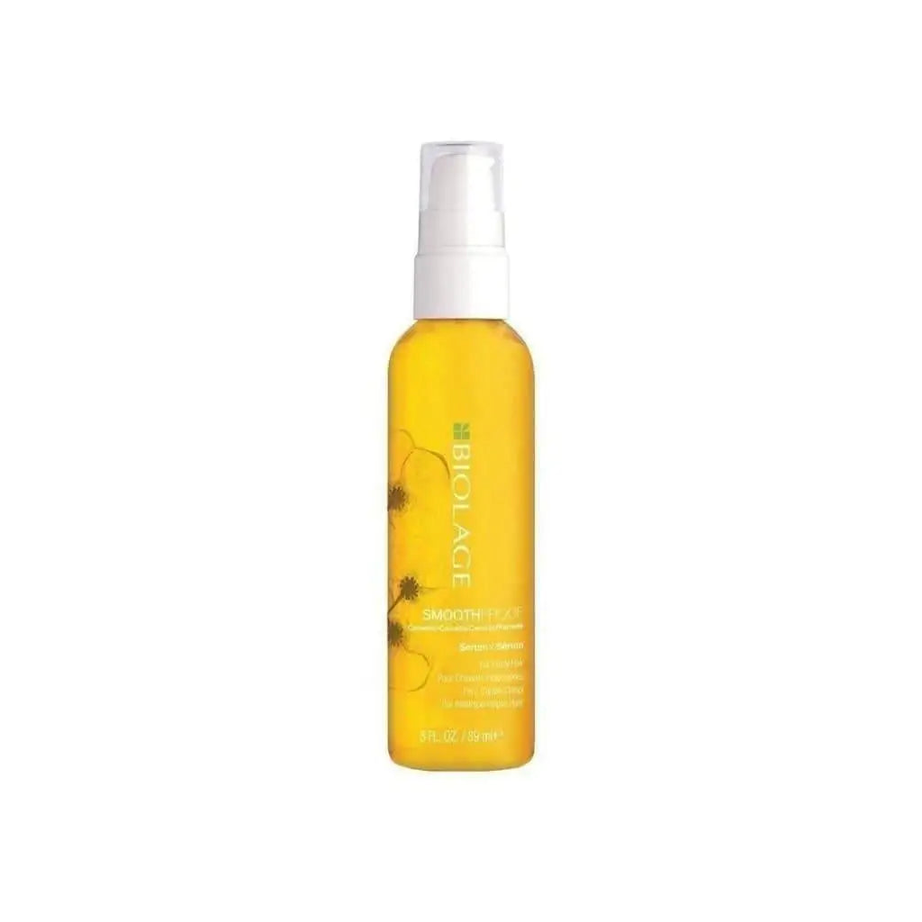 Yellow bottle of Matrix Biolage Smooth Proof Serum 125ml with spray nozzle for shiny hair