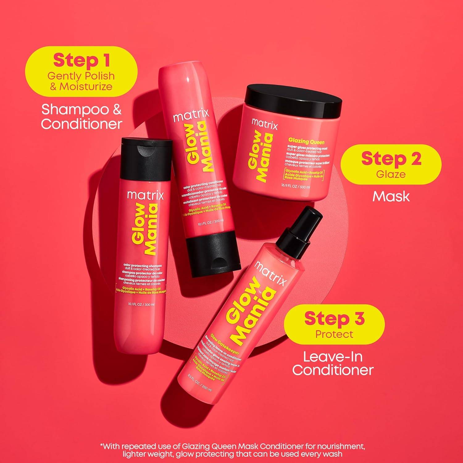 Matrix Glow Mania Color Protecting Shampoo and Conditioner Set - For Glow and Shine, For Dull & Color-Treated Hair, Luxurious Creamy Texture, With Glycolic Acid & Rosehip Oil