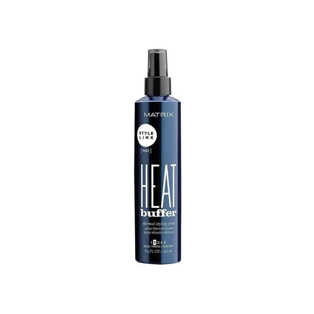 Dark blue bottle of Matrix Style Link Styling Heat Buffer thermal spray, 250ml
