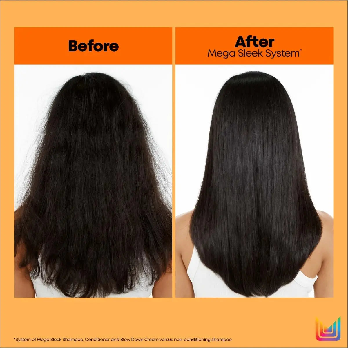 Before and after using Matrix Total Results Mega Sleek Conditioner β 300ml; frizzy to sleek hair