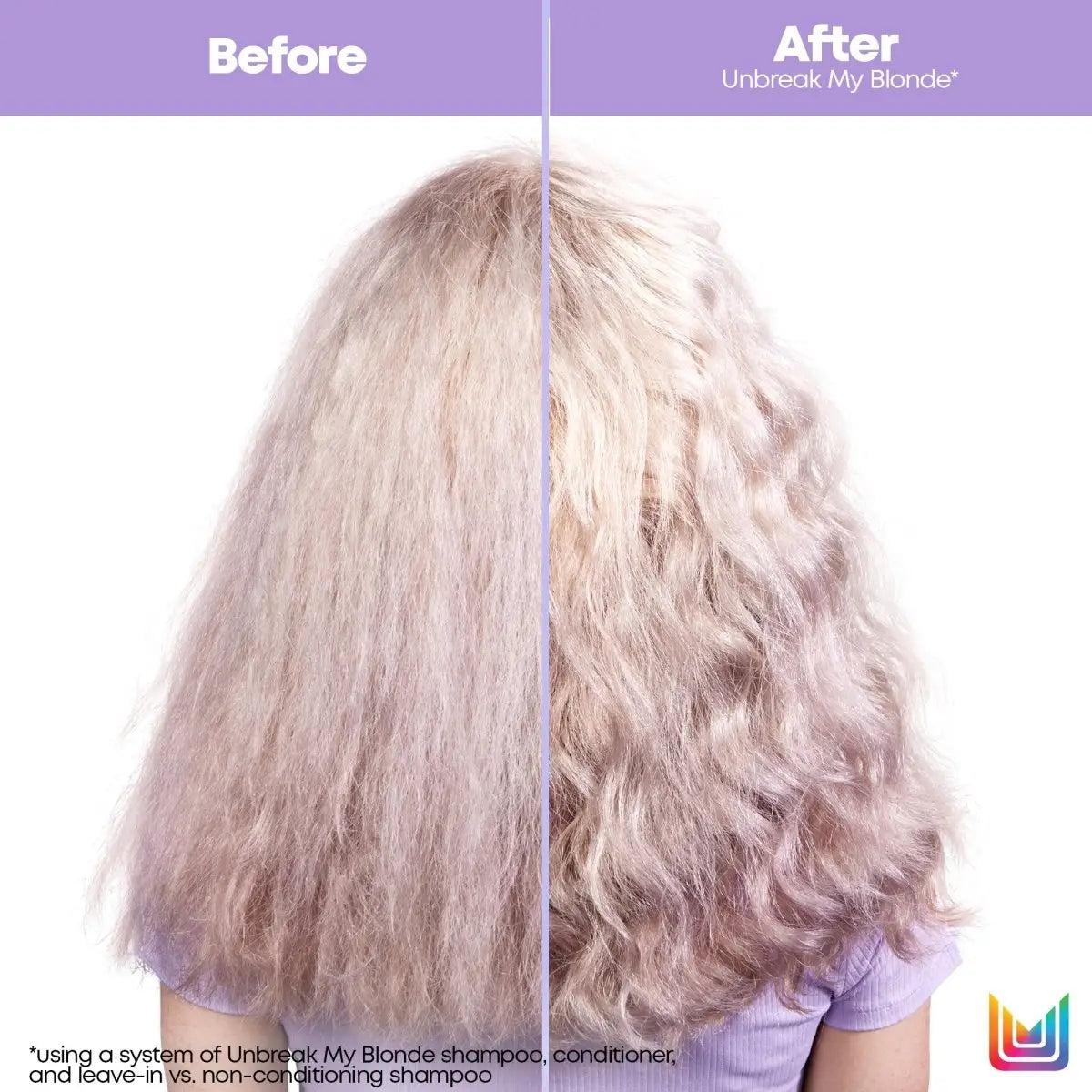 Blonde Hair Transformation: Before and After using Matrix Unbreak My Blonde. Improved shine, texture, and health. Damage Repair.