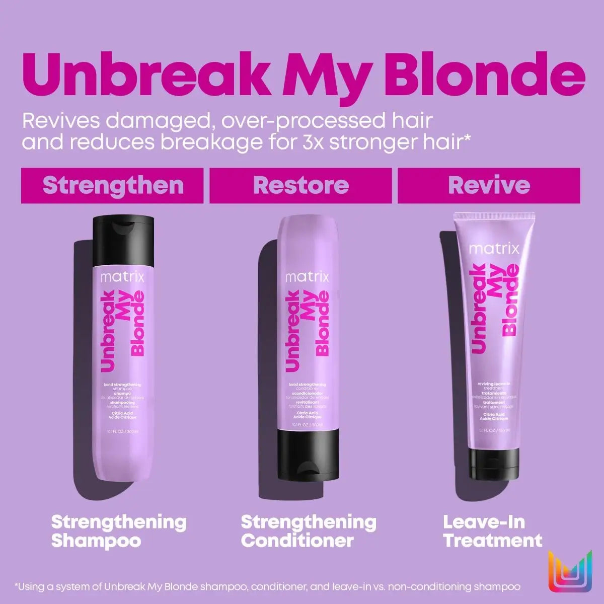 Matrix Unbreak My Blonde: Shampoo, Conditioner, Leave-In Treatment for Damaged Blonde Hair.