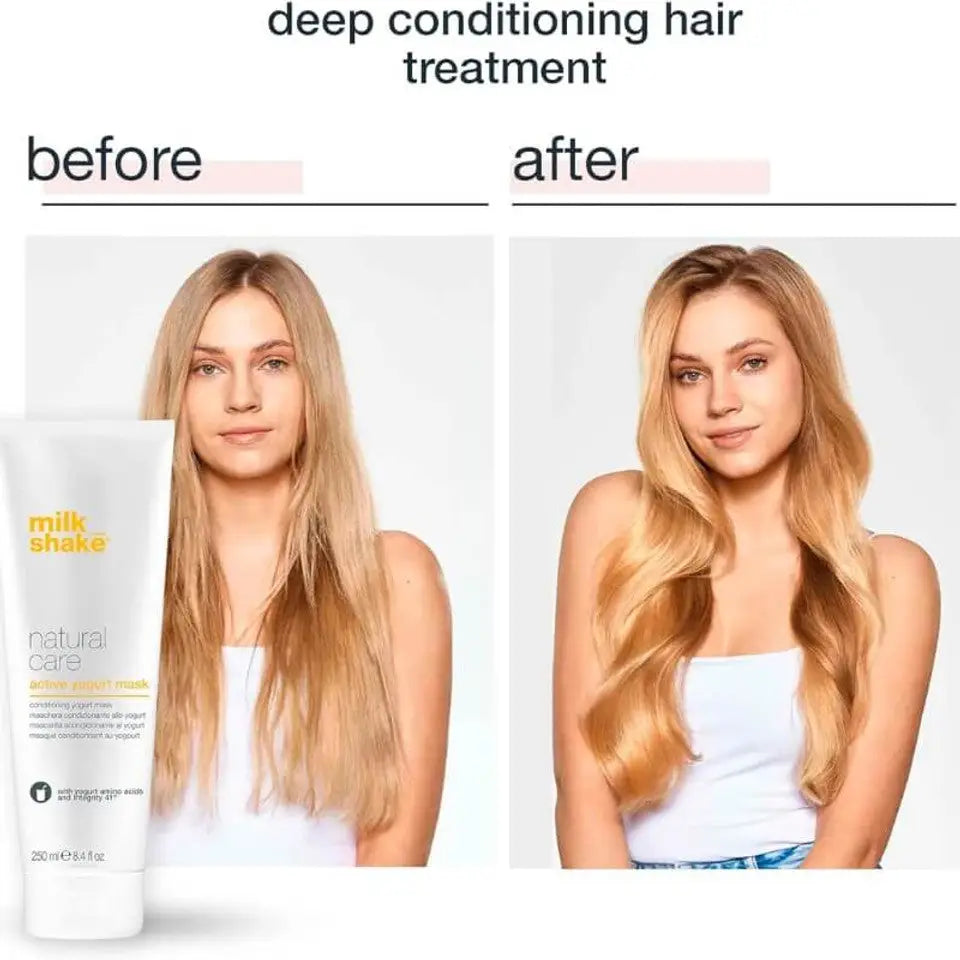 Before and after results of deep conditioning hair treatment using Milkshake Active Yogurt Mask on long blonde hair