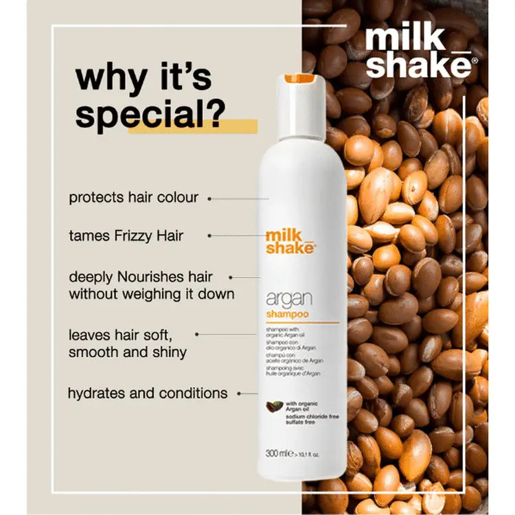 Milkshake Argan Shampoo 300ml white bottle with argan nuts background and hair care benefits listed
