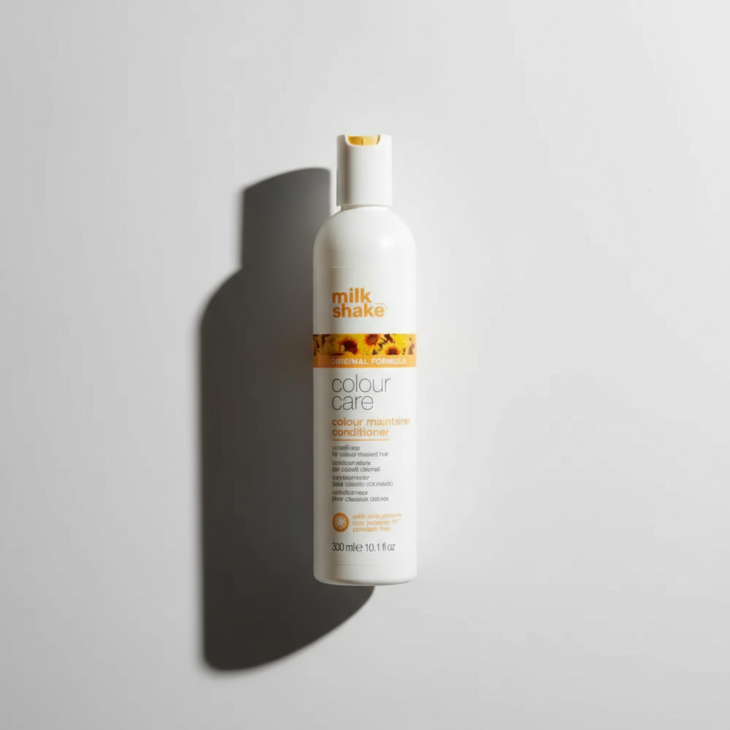 Milkshake color-treated hair conditioner in white bottle with yellow accents for color care