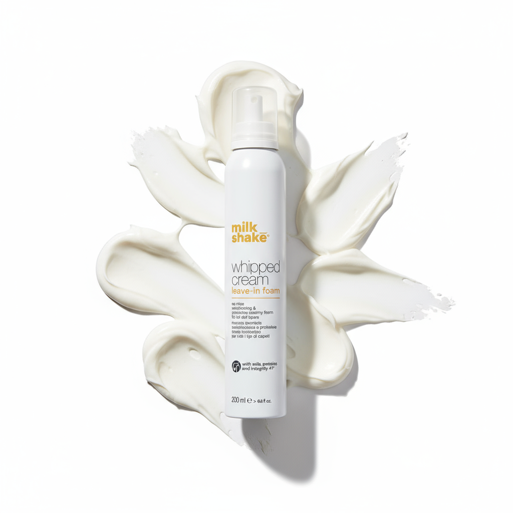 Milkshake Conditioning Whipped Cream leave-in foam conditioner bottle on white creamy background