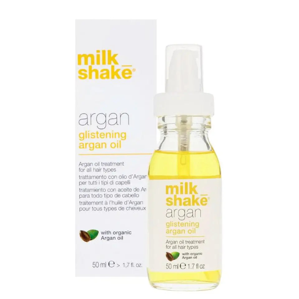 Milkshake Glistening Argan Oil Treatment 50ml bottle and box with organic argan oil for all hair types