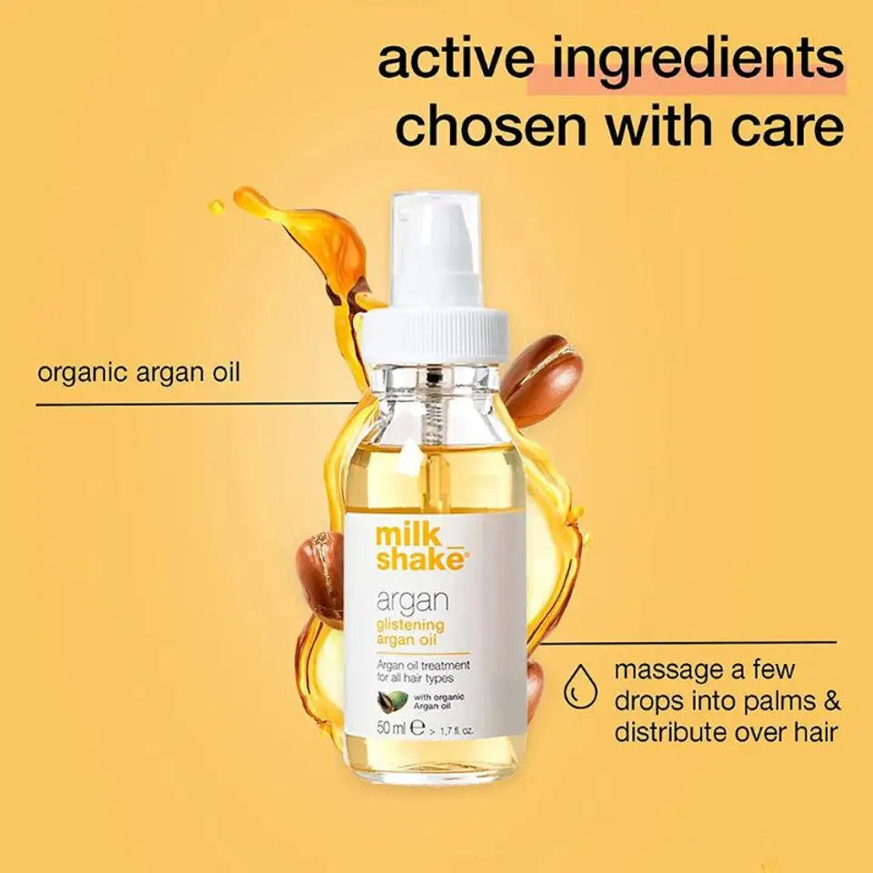 Milkshake Glistening Argan Oil Treatment bottle with organic argan oil splash on yellow background