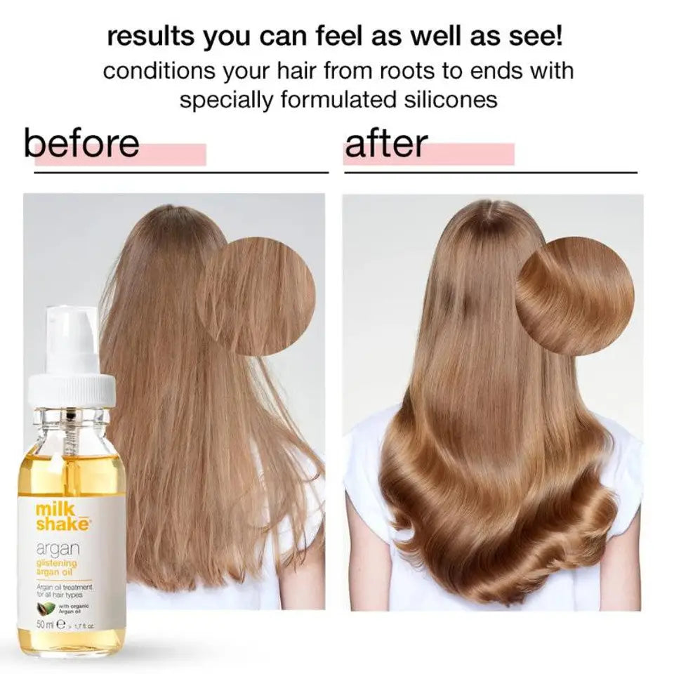 Before and after results of Milkshake Glistening Argan Oil Treatment showing smooth, shiny, and conditioned hair