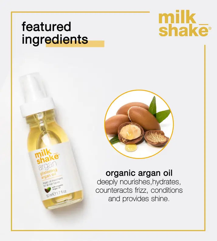 Milkshake Glistening Argan Oil Treatment bottle with organic argan nuts highlighting nourishing and hydrating benefits