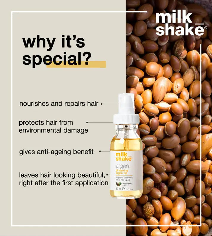 Milkshake Glistening Argan Oil Treatment bottle with argan nuts background highlighting hair nourishment and protection benefits