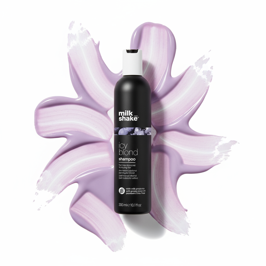 Milkshake Icy Blonde Shampoo bottle with purple hair color cream background for brightening blonde hair