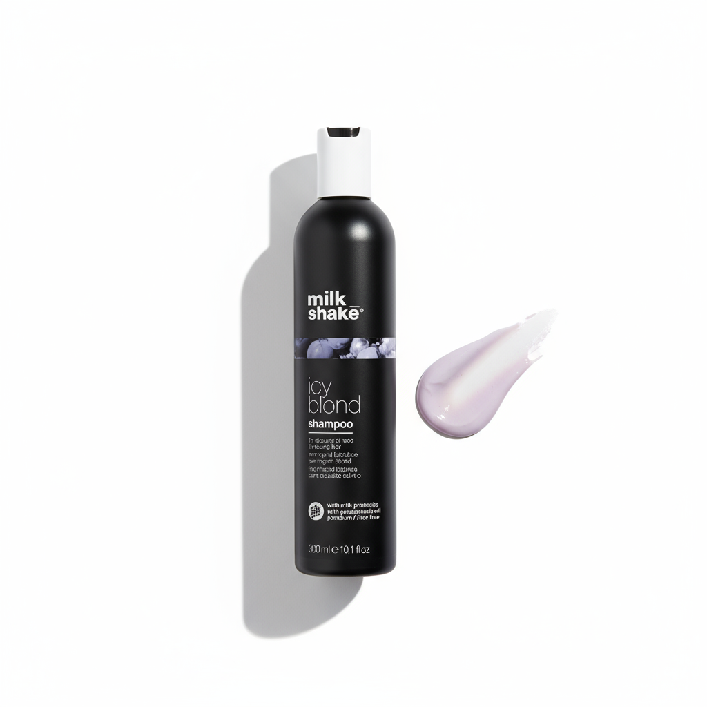 Milkshake Icy Blonde Shampoo black bottle with purple cream swatch for blonde hair toning