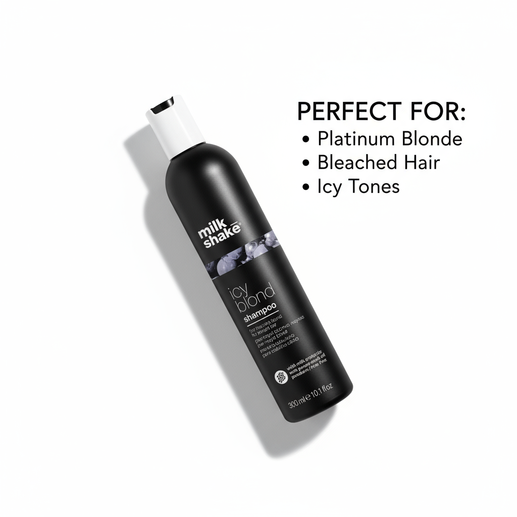 Milkshake Icy Blonde Shampoo black bottle for platinum blonde and bleached hair with icy tones