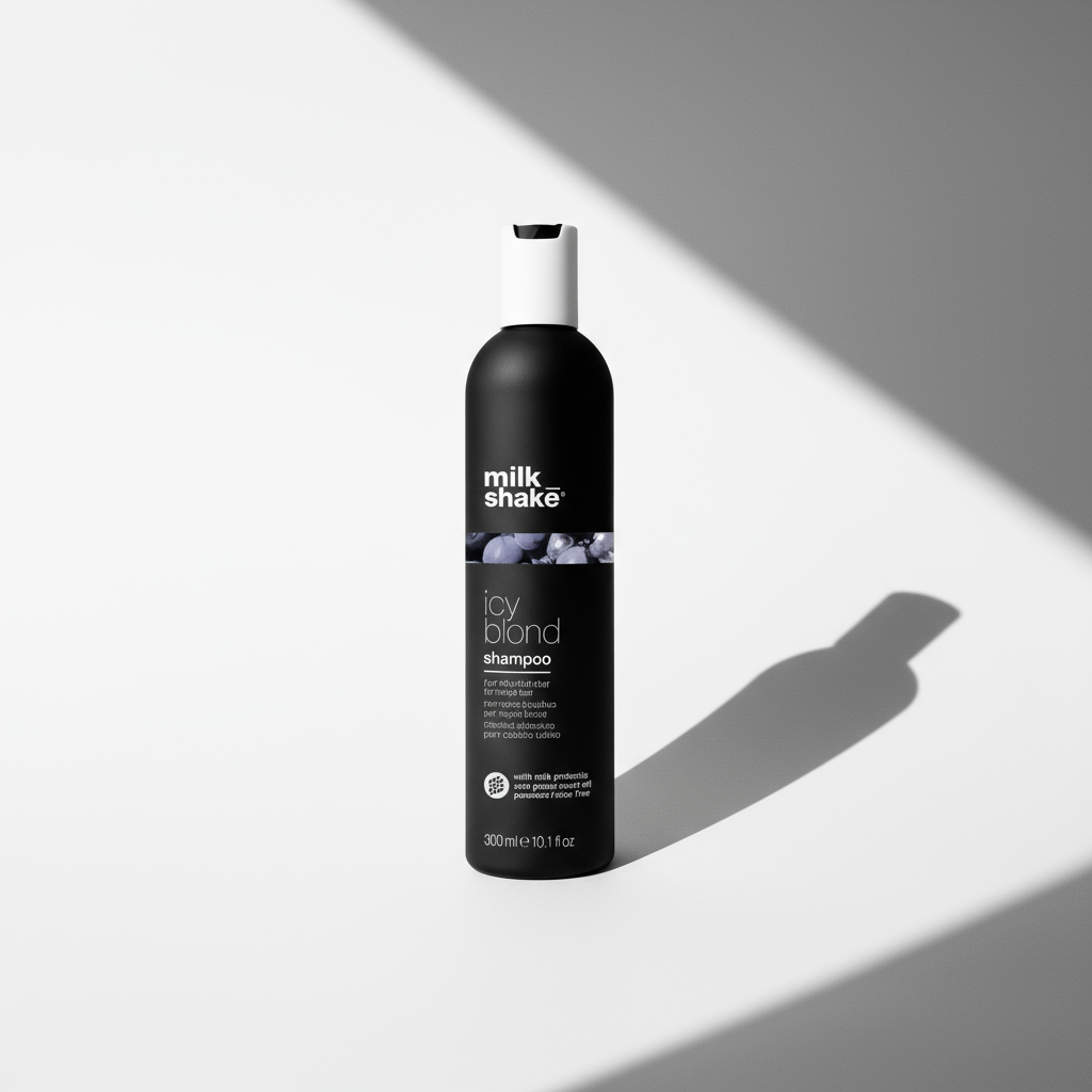 Milkshake Icy Blonde Shampoo black bottle with white cap on light background with shadow