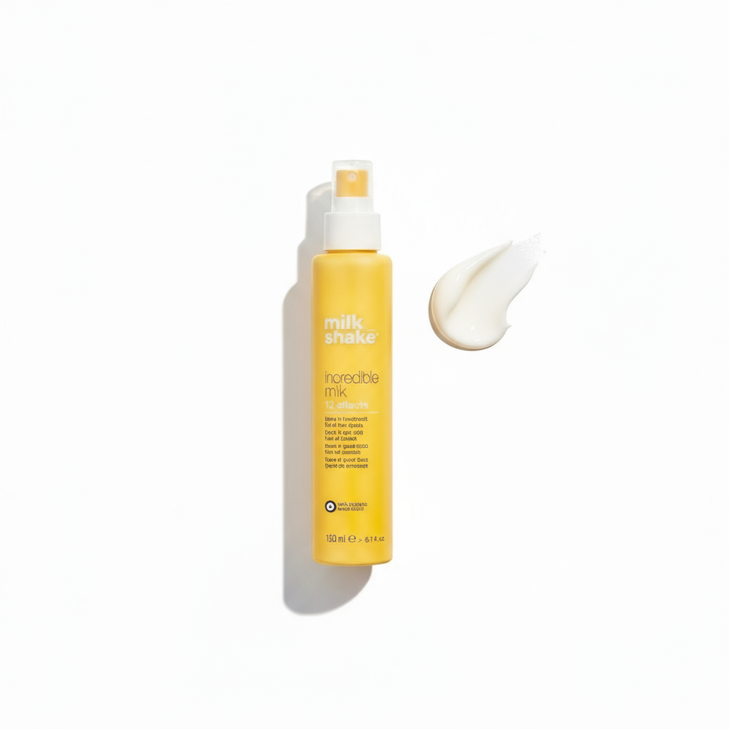Milkshake Treatment Milk Shake Incredible Milk 12 Effects in yellow spray bottle with cream swatch