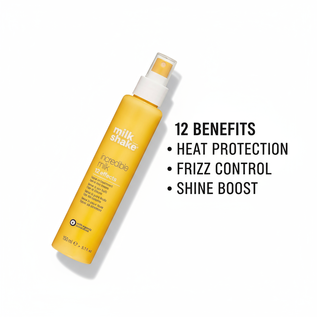 Milkshake Incredible Milk 12 Effects yellow spray bottle treatment with heat protection frizz control and shine boost