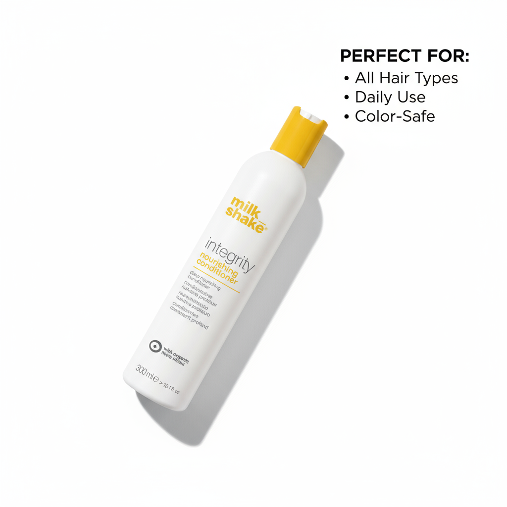 Milkshake integrity conditioner nourishing formula in white bottle with yellow cap for all hair types