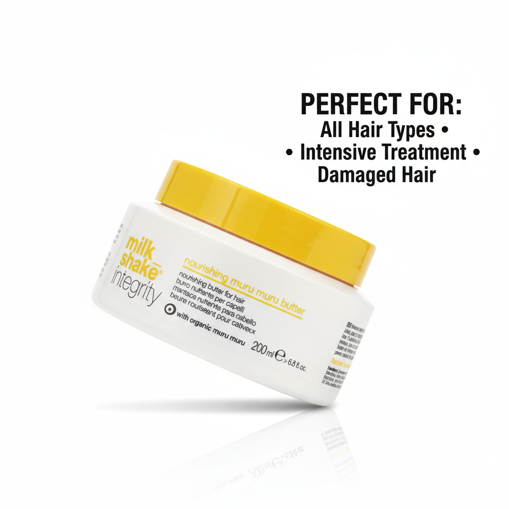 Milkshake Integrity Muru Muru Butter nourishing hair treatment with yellow lid for damaged hair
