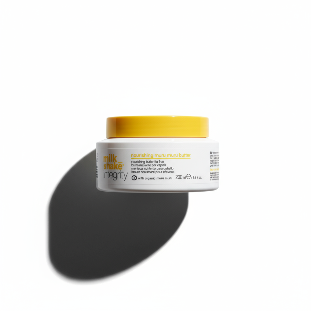 Milkshake Integrity Muru Muru Butter nourishing hair treatment with organic muru muru butter in a white and yellow jar
