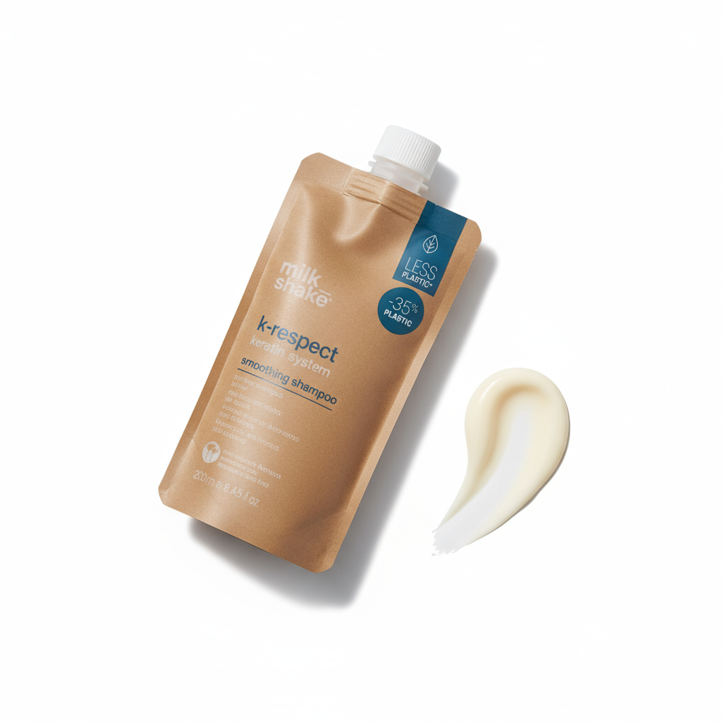 Milkshake K-Respect Smoothing Shampoo in eco-friendly pouch with cream texture on white background