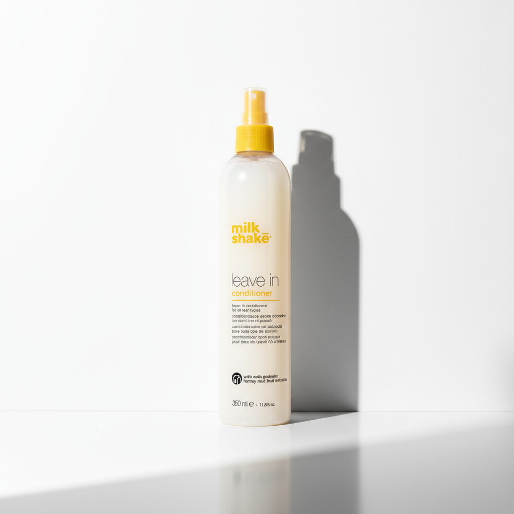 Milkshake leave in conditioner 350ml bottle with yellow spray cap on white background