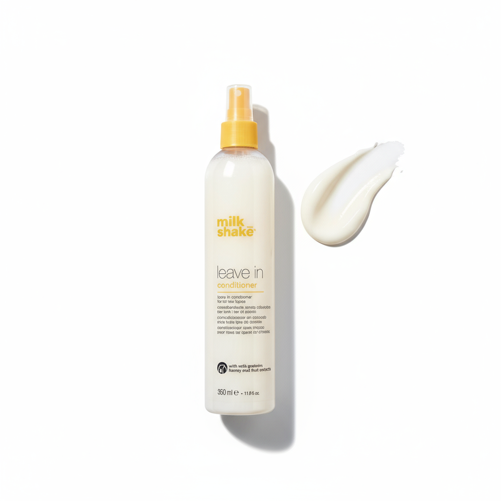 Milkshake leave in conditioner 350ml bottle with creamy white texture swatch nearby