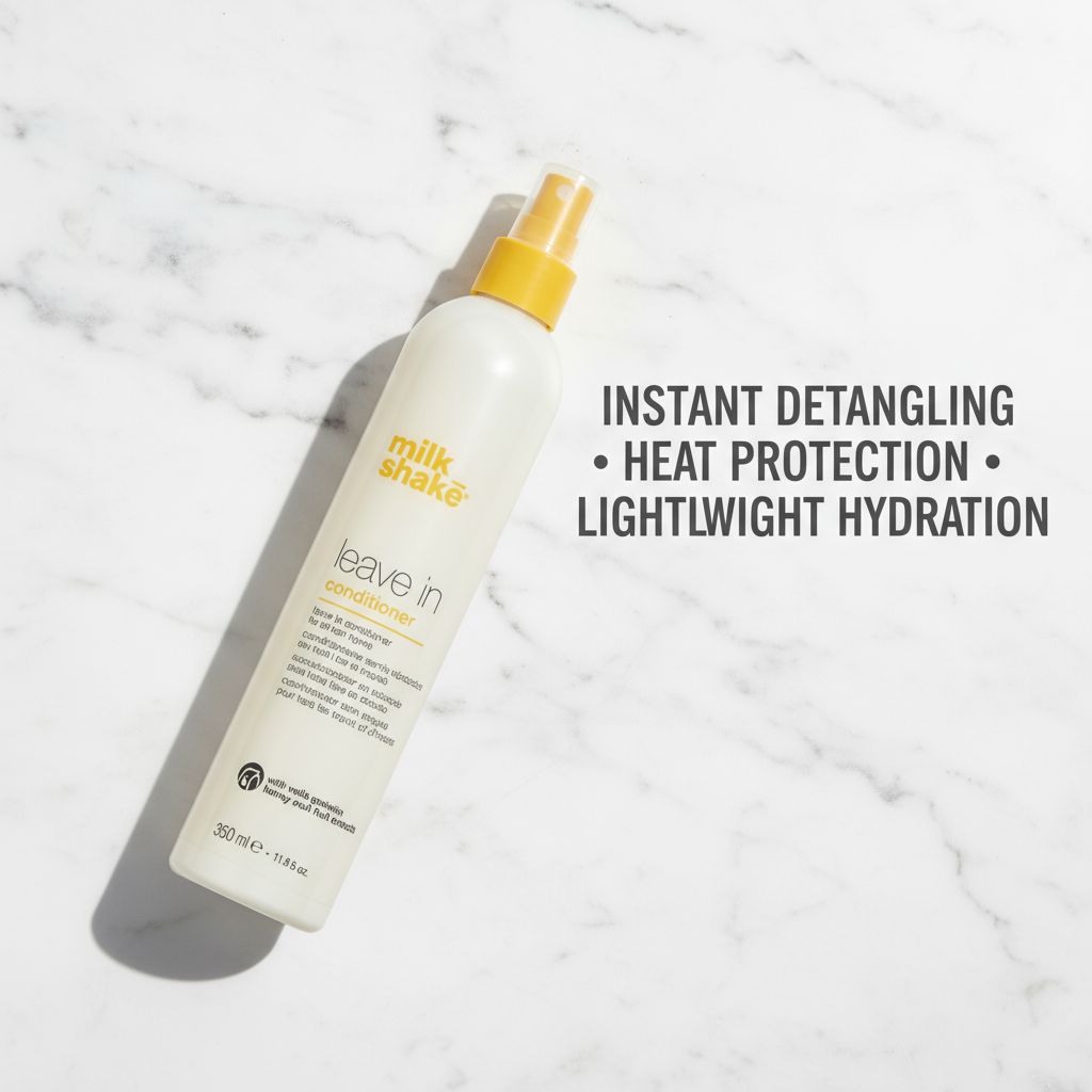 Milkshake leave in conditioner 350ml bottle with yellow spray cap on white marble background