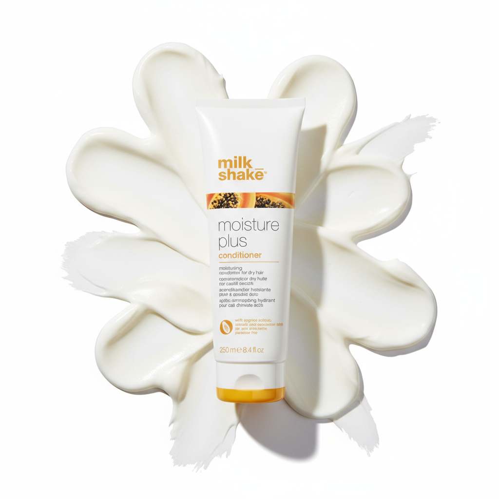 Milkshake Moisture Plus Conditioner tube with creamy white conditioner spread background
