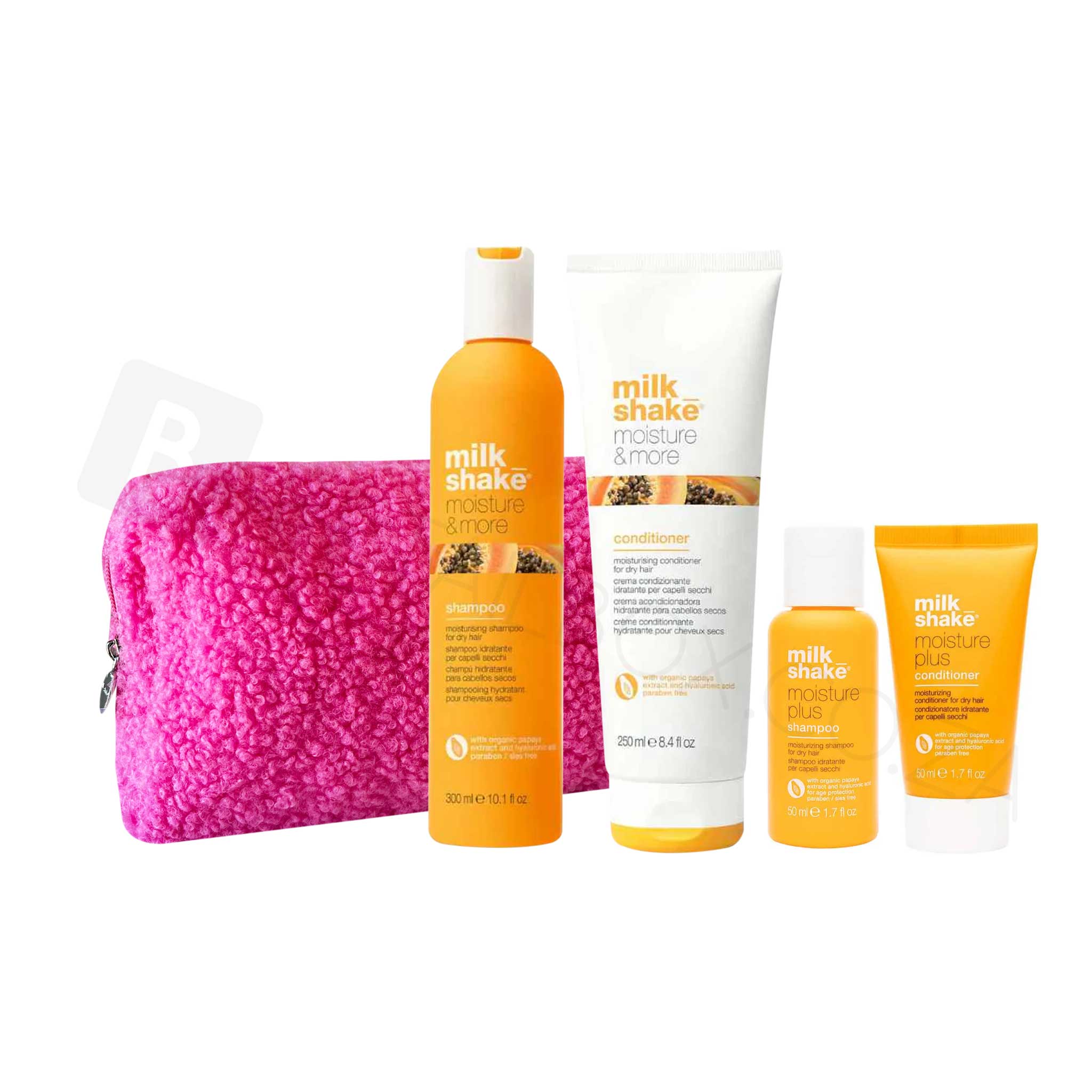 Milkshake Moisture Plus Gift Set with shampoo, conditioner, and pink textured pouch