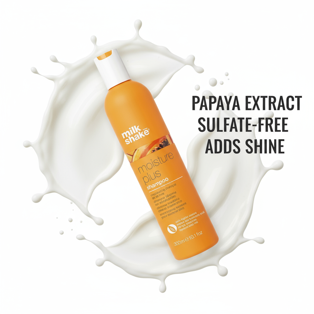 Milkshake Moisture Plus Shampoo bottle with papaya extract and sulfate-free formula that adds shine