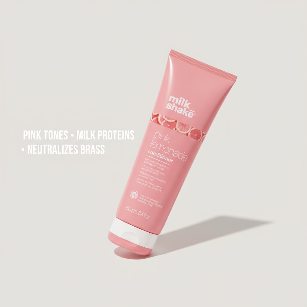 Milkshake pink lemonade color conditioner tube with pink tones and milk proteins for neutralizing brass