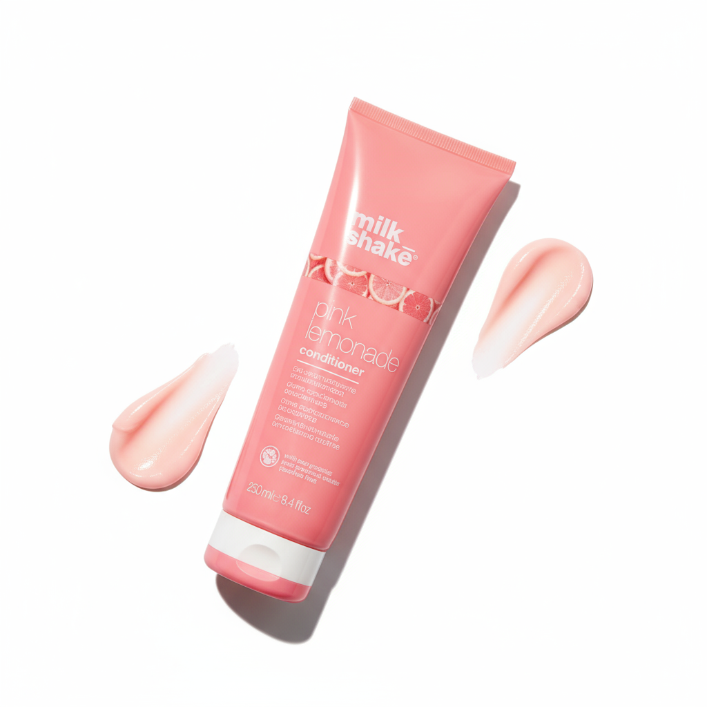 Milkshake pink lemonade color conditioner tube with two swatches of conditioner cream on white background