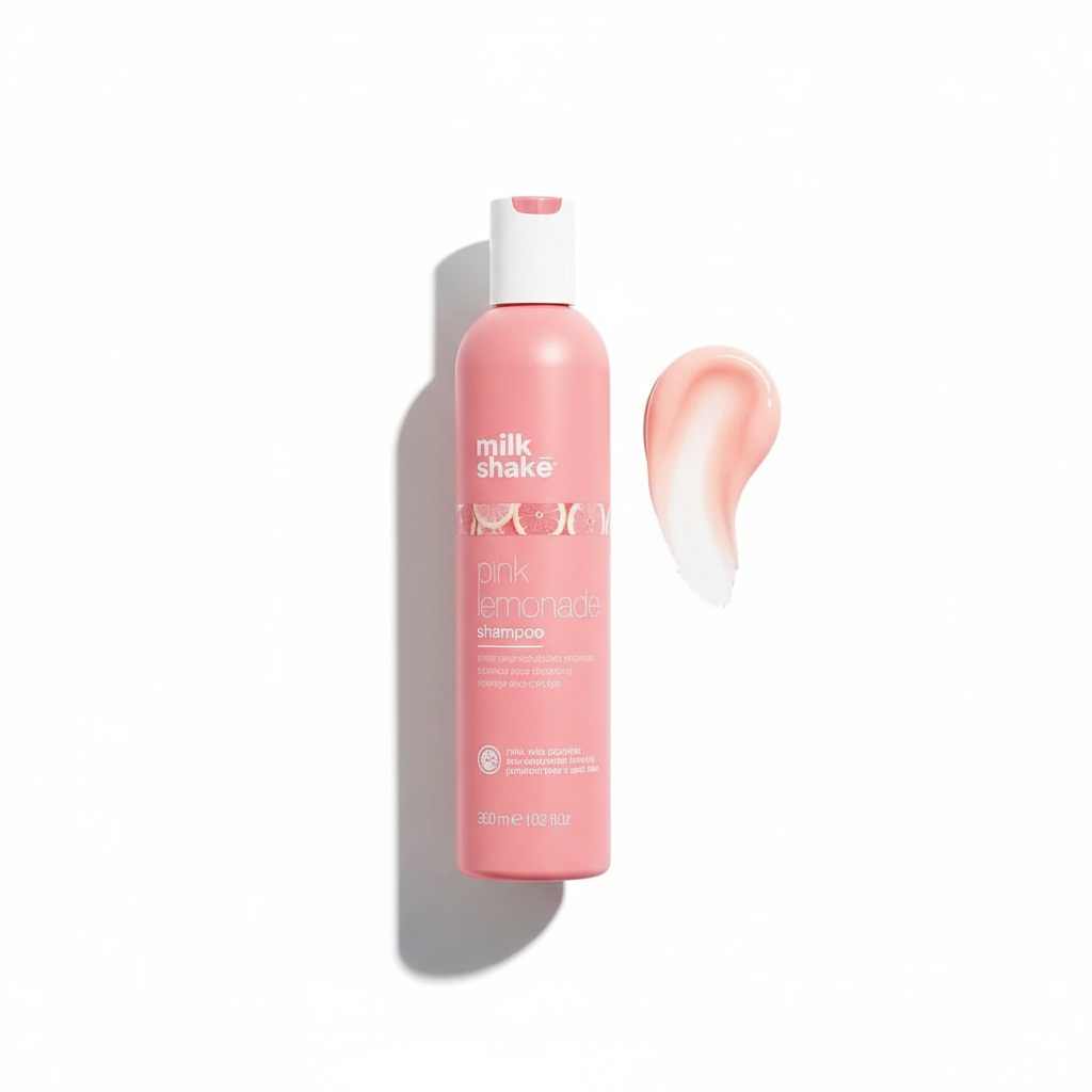 Milkshake pink lemonade shampoo bottle with pink and white shampoo cream swatch on white background