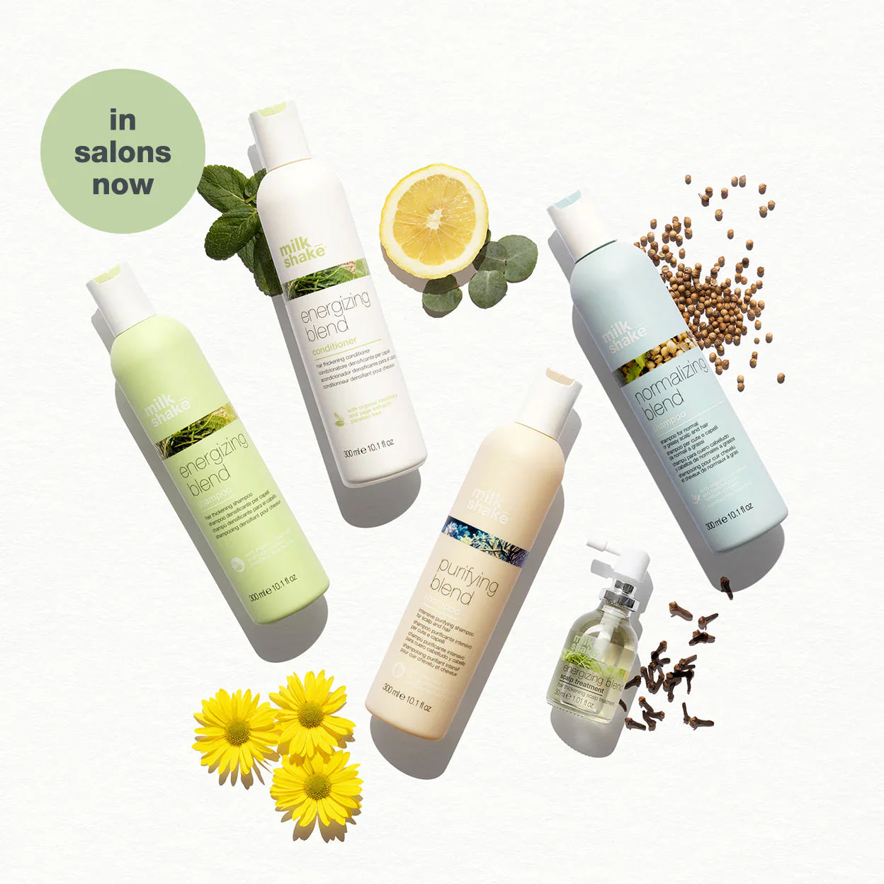 Milkshake purifying blend shampoo bottle with other Milkshake blend shampoos and natural ingredients