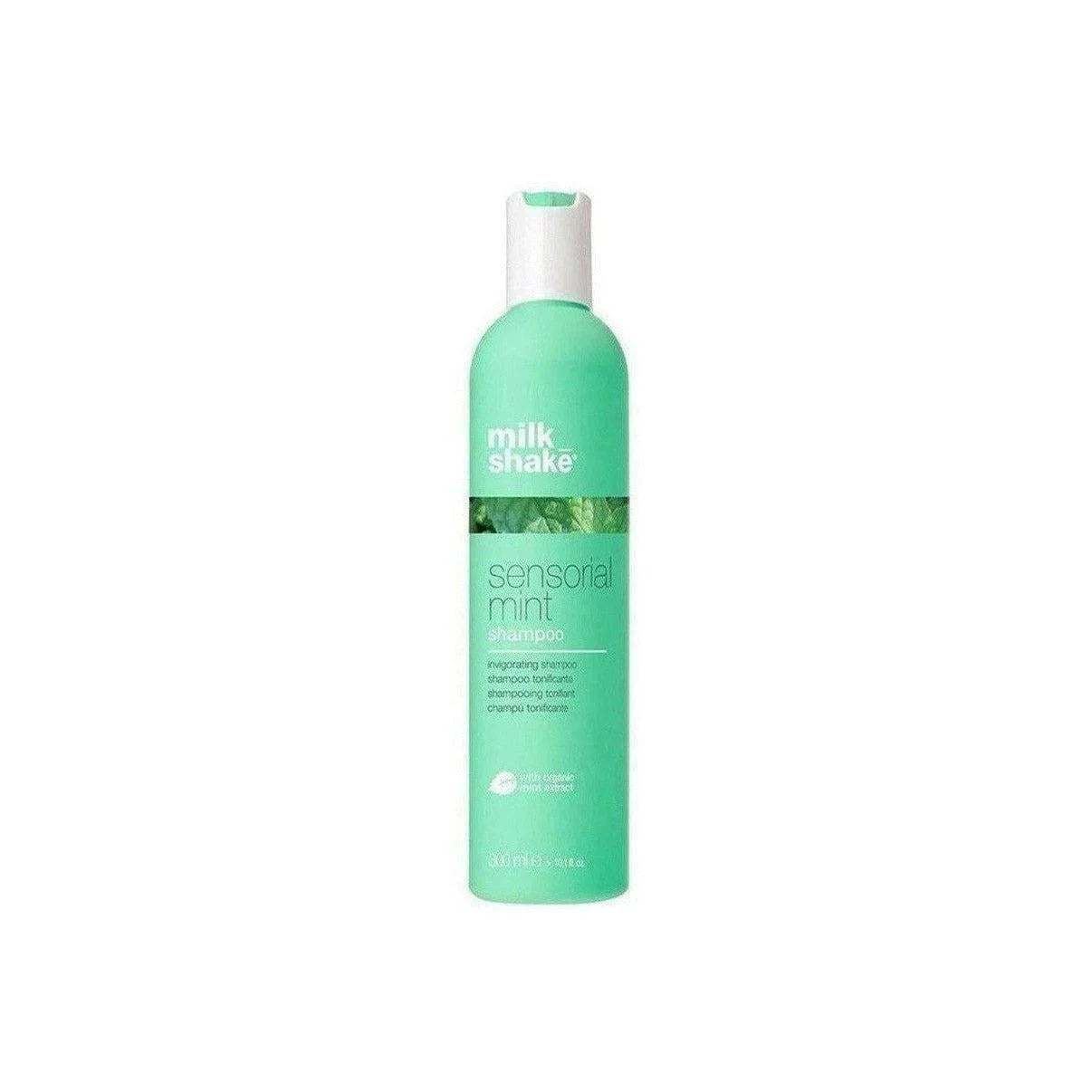 Milkshake sensorial mint shampoo bottle in green with white cap for invigorating hair care