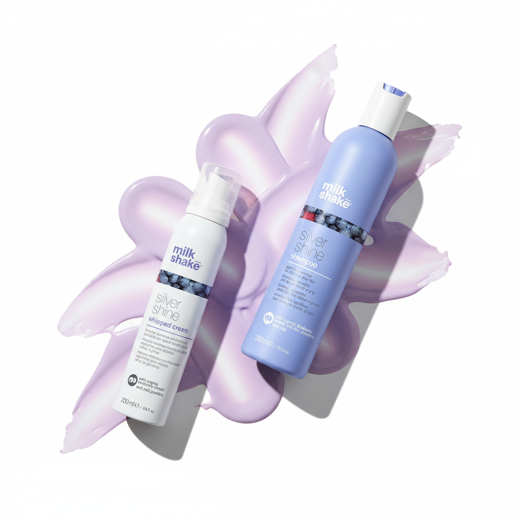 Milkshake silver shine bundle shampoo and whipped cream bottles on purple background