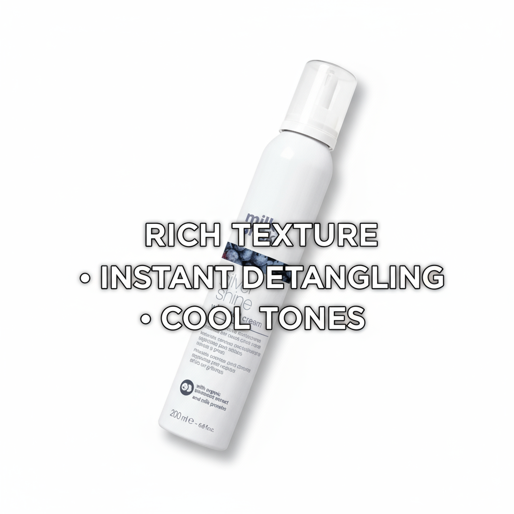 Milkshake Silver Shine conditioner for blonde hair in white bottle with pump and product benefits