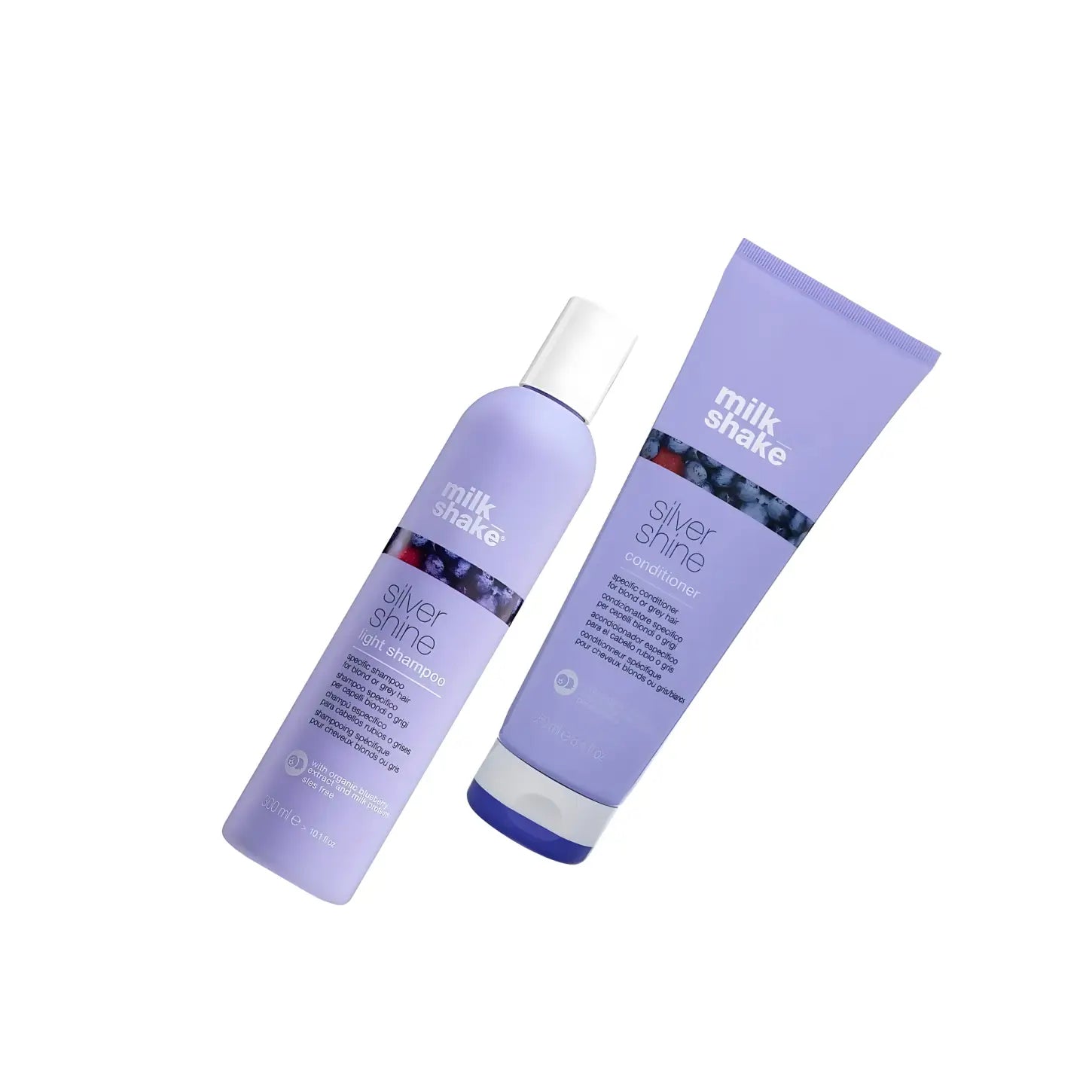 Milkshake Silver Shine: Blonde & Grey Hair Care Shampoo & Conditioner Duo. Purple bottles.